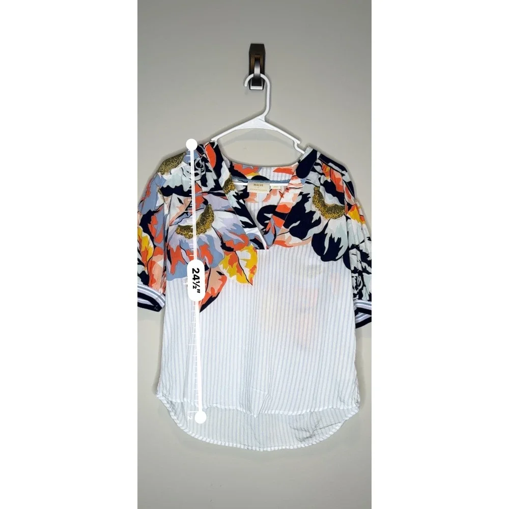 Maeve by Anthropologie Floral Mixed Print Striped Blouse XS Puff Sleeve